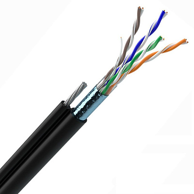 Кабель Кабель витая пара F/UTP, CAT 5e, PE, 4PR, 24AWG, OUTDOOR, SOLID, черный, с тросом, 305м, REXANT 